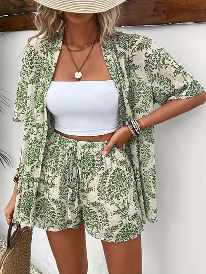 Emma | Women's Botanical Kimono Cardigan and Shorts Two Piece Set