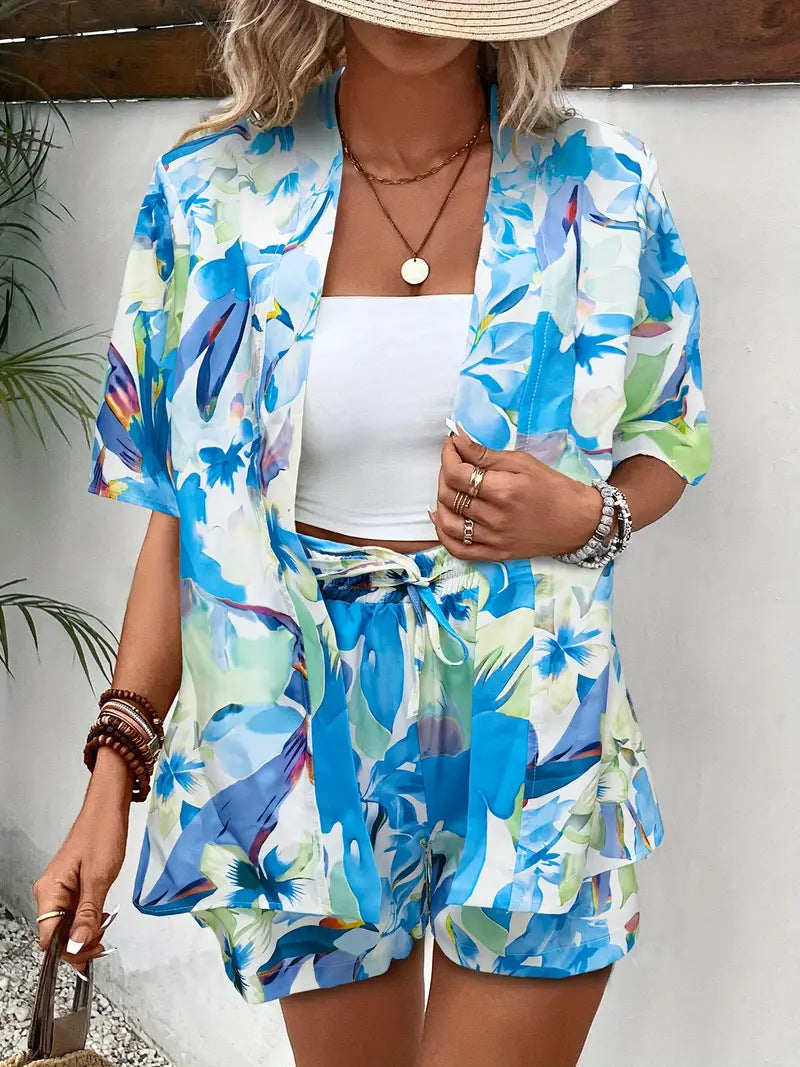 Emma | Women's Botanical Kimono Cardigan and Shorts Two Piece Set