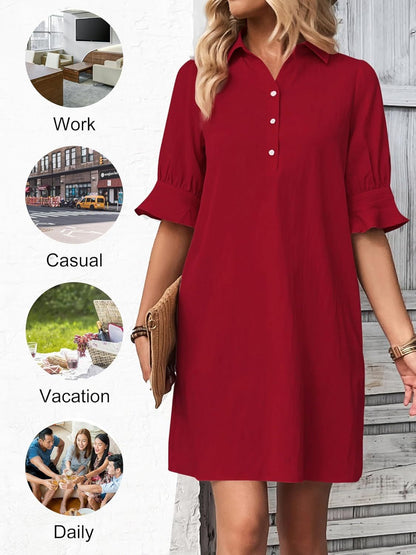 Nevaeh | Women's Button-Through Button-Up Dress Three-Quarter Sleeve Knee Length