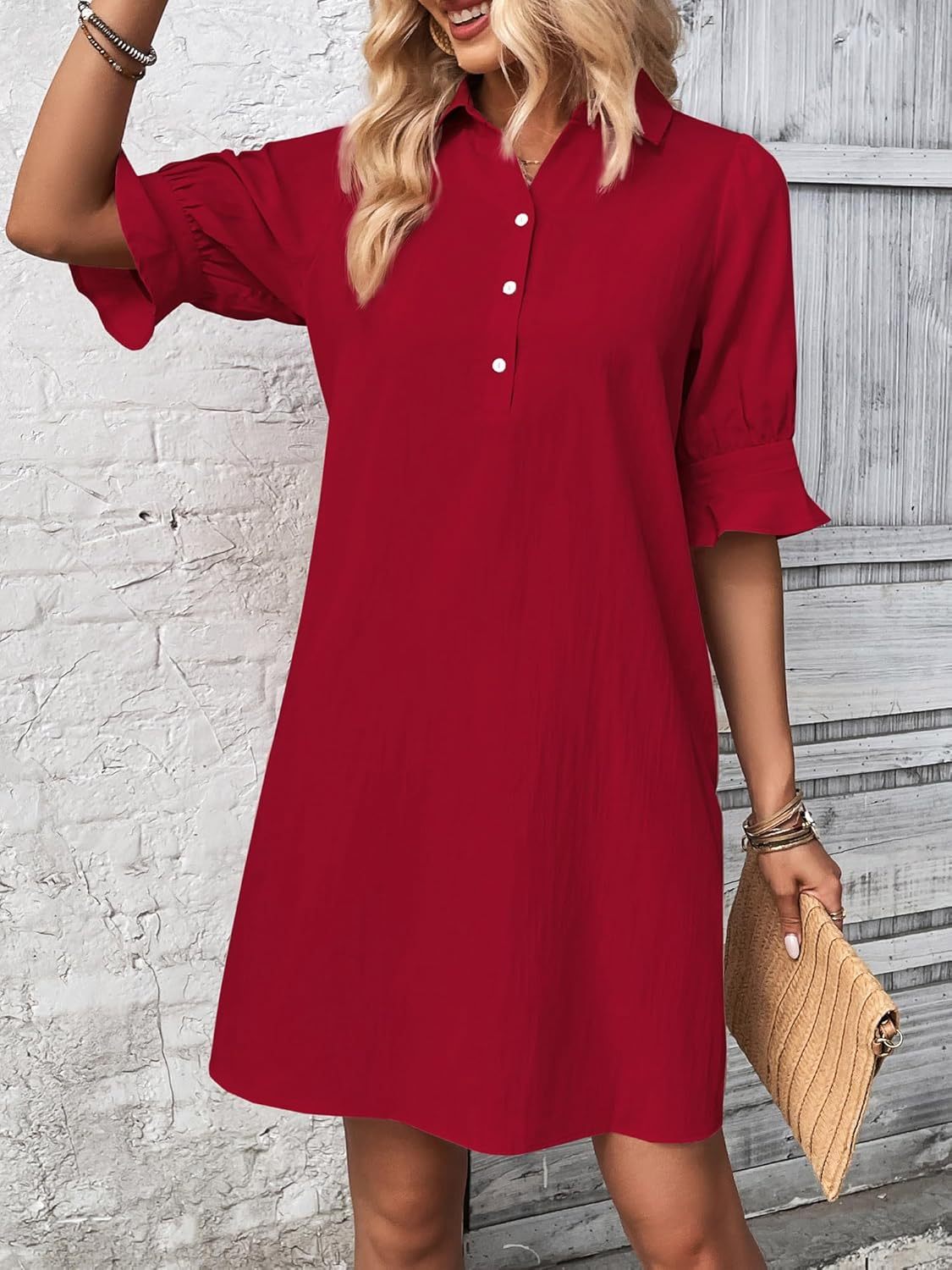 Nevaeh | Women's Button-Through Button-Up Dress Three-Quarter Sleeve Knee Length
