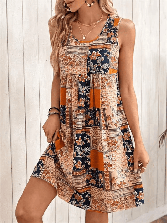 Serenity | Women's Bohemian Patchwork Print No-Sleeve Short Dress