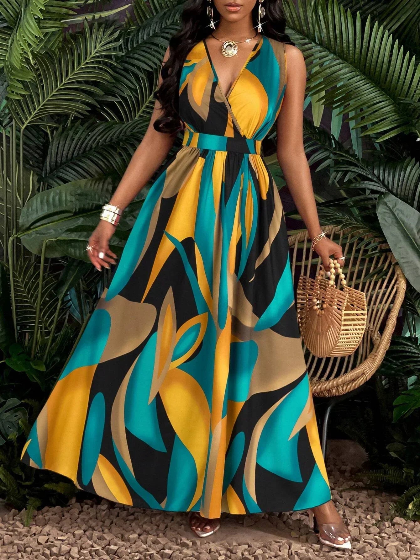 Melissa | Women's V-Neck No-Sleeve Abstract Print Maxi Dress