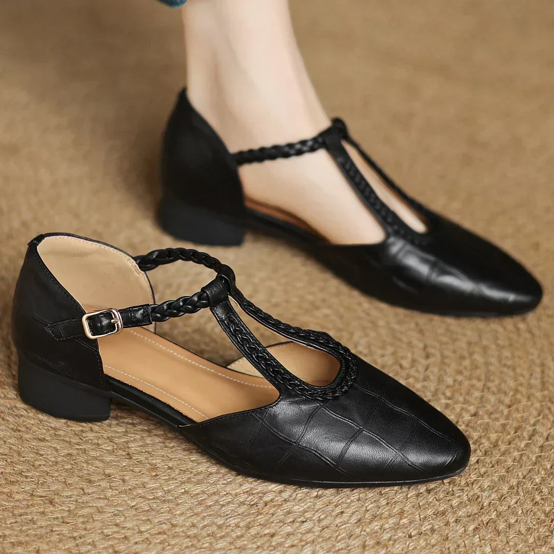 Colleen | Women's Leather T-Strap Mary Jane Flats Pointed Toe Flat