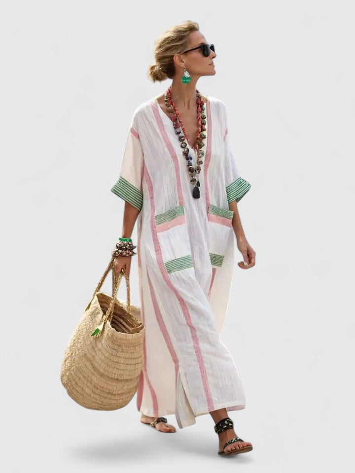 Remi | Women's V-Neck Kaftan Maxi Dress with Stripe Detail
