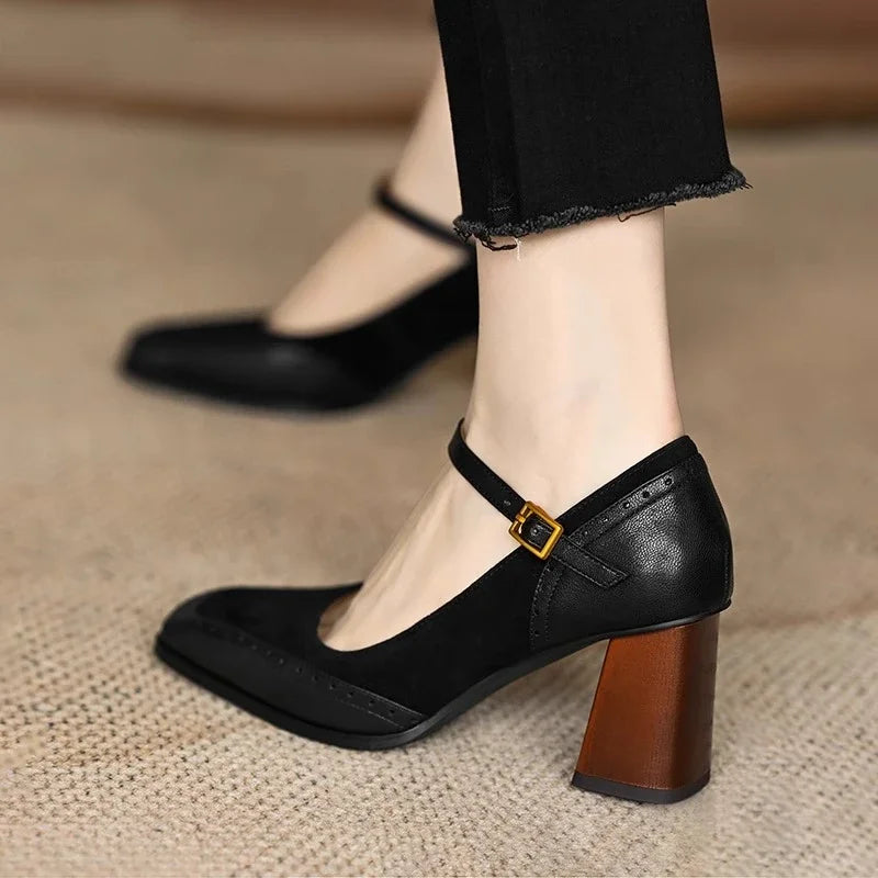 Ellie | Women's Square Toe Block Heel Pumps Ankle Strap Brogue