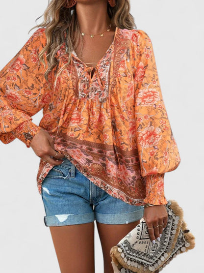 Gloria | Women's Botanical Boho Blouse V-Neck Puff Sleeve Top