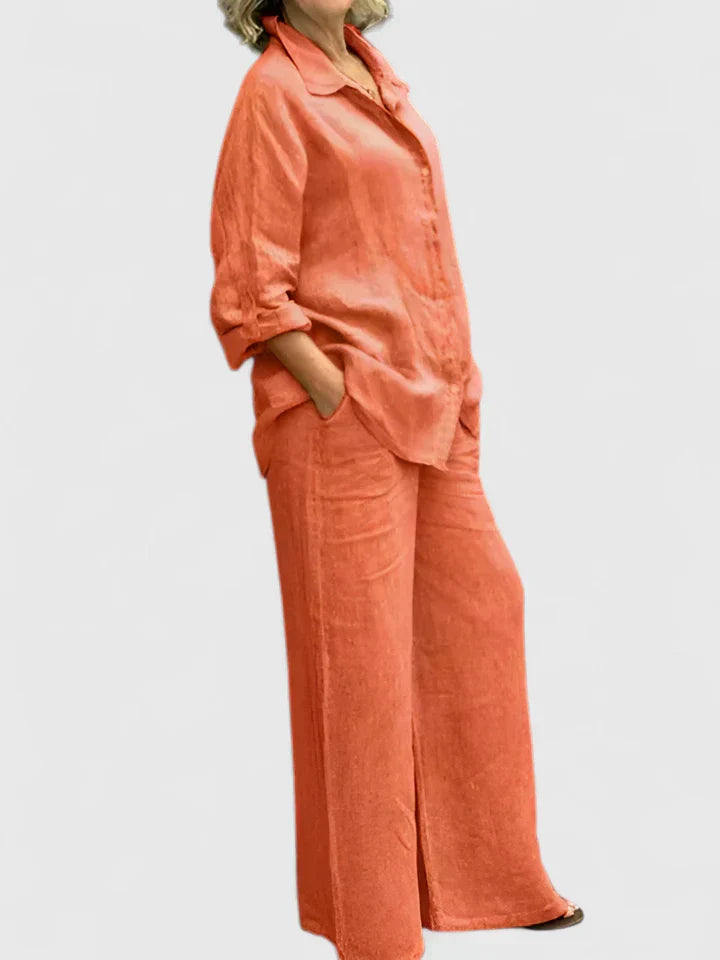 Pamela | Women's Button-Down Shirt Set Wide Leg Pants Two-Piece