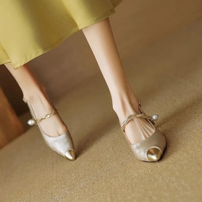 Evelyn | Women's Pearl Strap Slingback Kitten Heels Pointed Toe Pumps