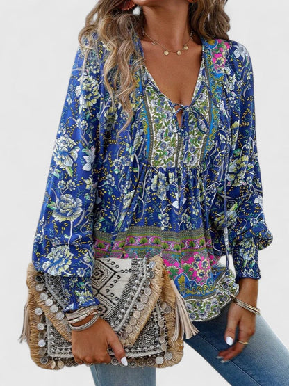 Gloria | Women's Botanical Boho Blouse V-Neck Puff Sleeve Top