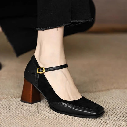 Ellie | Women's Square Toe Block Heel Pumps Ankle Strap Brogue
