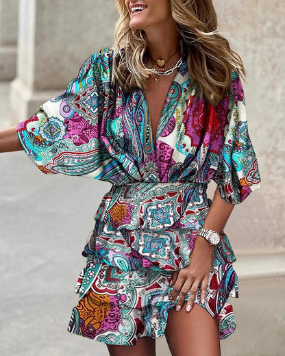 Taylor | Women's Printed Ruffle Short Dress V-Neck Smocked Waist Bohemian Dress