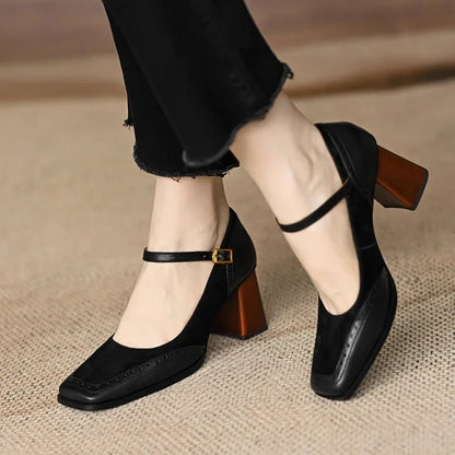 Ellie | Women's Square Toe Block Heel Pumps Ankle Strap Brogue