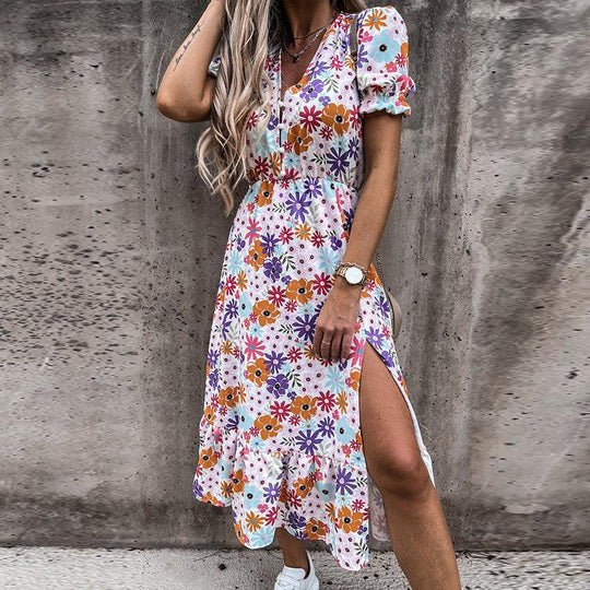 Mia | Women's Floral Mid-Length Dress V-Neck Smocked Waist Side Split