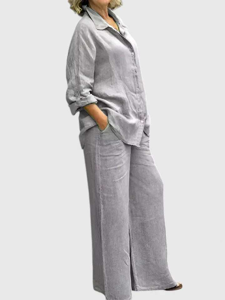 Pamela | Women's Button-Down Shirt Set Wide Leg Pants Two-Piece