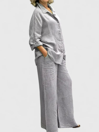Pamela | Women's Button-Down Shirt Set Wide Leg Pants Two-Piece