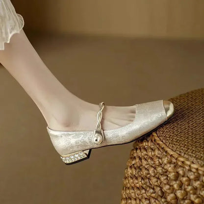 Alicia | Women's Pearl Strap Mary Jane Shoes Glitter Block Heel