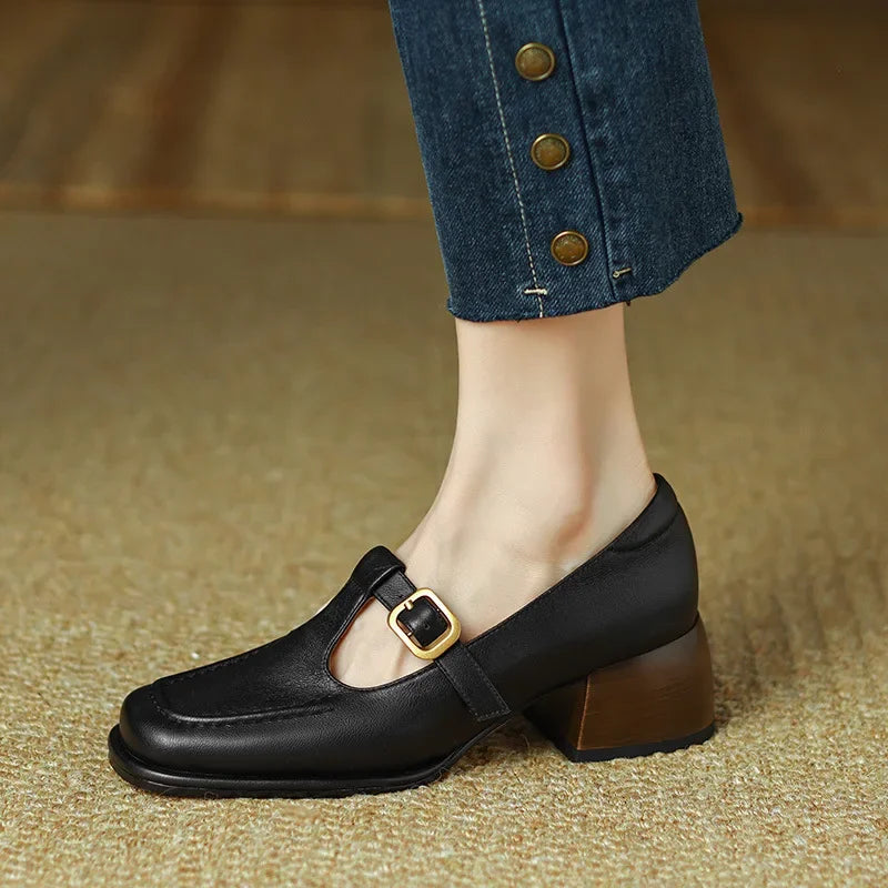 Charlene | Women's T-Strap Mary Jane Shoes Square Toe Low Block Heel
