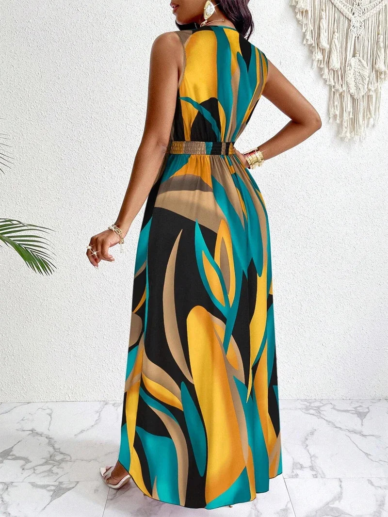 Melissa | Women's V-Neck No-Sleeve Abstract Print Maxi Dress