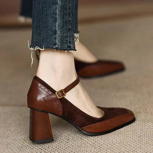 Ellie | Women's Square Toe Block Heel Pumps Ankle Strap Brogue