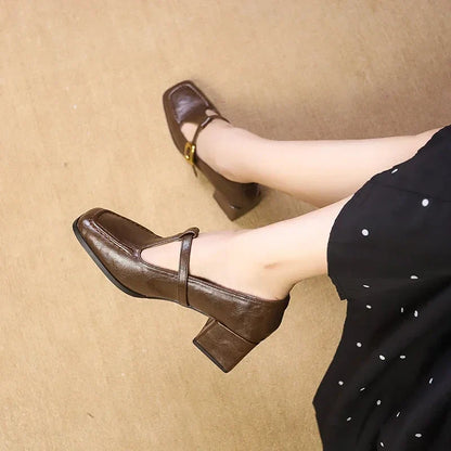 Cheryl | Women's Square Toe Mary Jane Heels Block Heel Gold Buckle