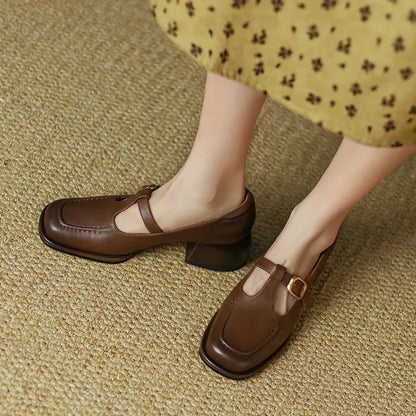 Charlene | Women's T-Strap Mary Jane Shoes Square Toe Low Block Heel
