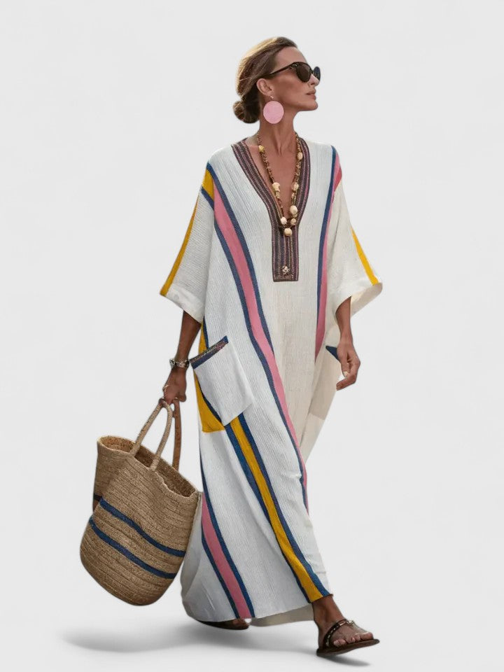 Remi | Women's V-Neck Kaftan Maxi Dress with Stripe Detail