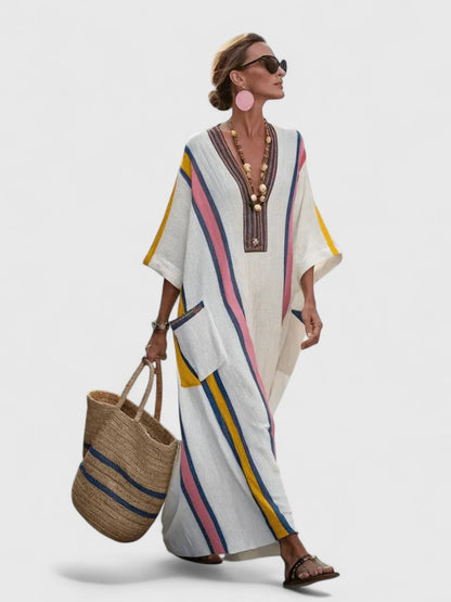 Remi | Women's V-Neck Kaftan Maxi Dress with Stripe Detail