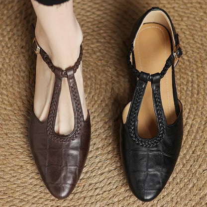 Colleen | Women's Leather T-Strap Mary Jane Flats Pointed Toe Flat