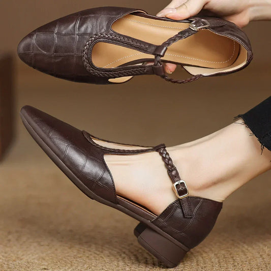 Colleen | Women's Leather T-Strap Mary Jane Flats Pointed Toe Flat