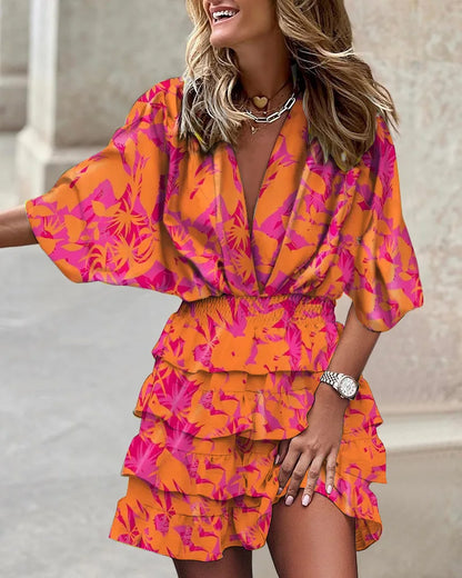 Taylor | Women's Printed Ruffle Short Dress V-Neck Smocked Waist Bohemian Dress