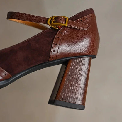 Ellie | Women's Square Toe Block Heel Pumps Ankle Strap Brogue