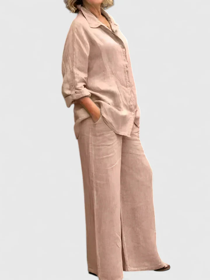 Pamela | Women's Button-Down Shirt Set Wide Leg Pants Two-Piece