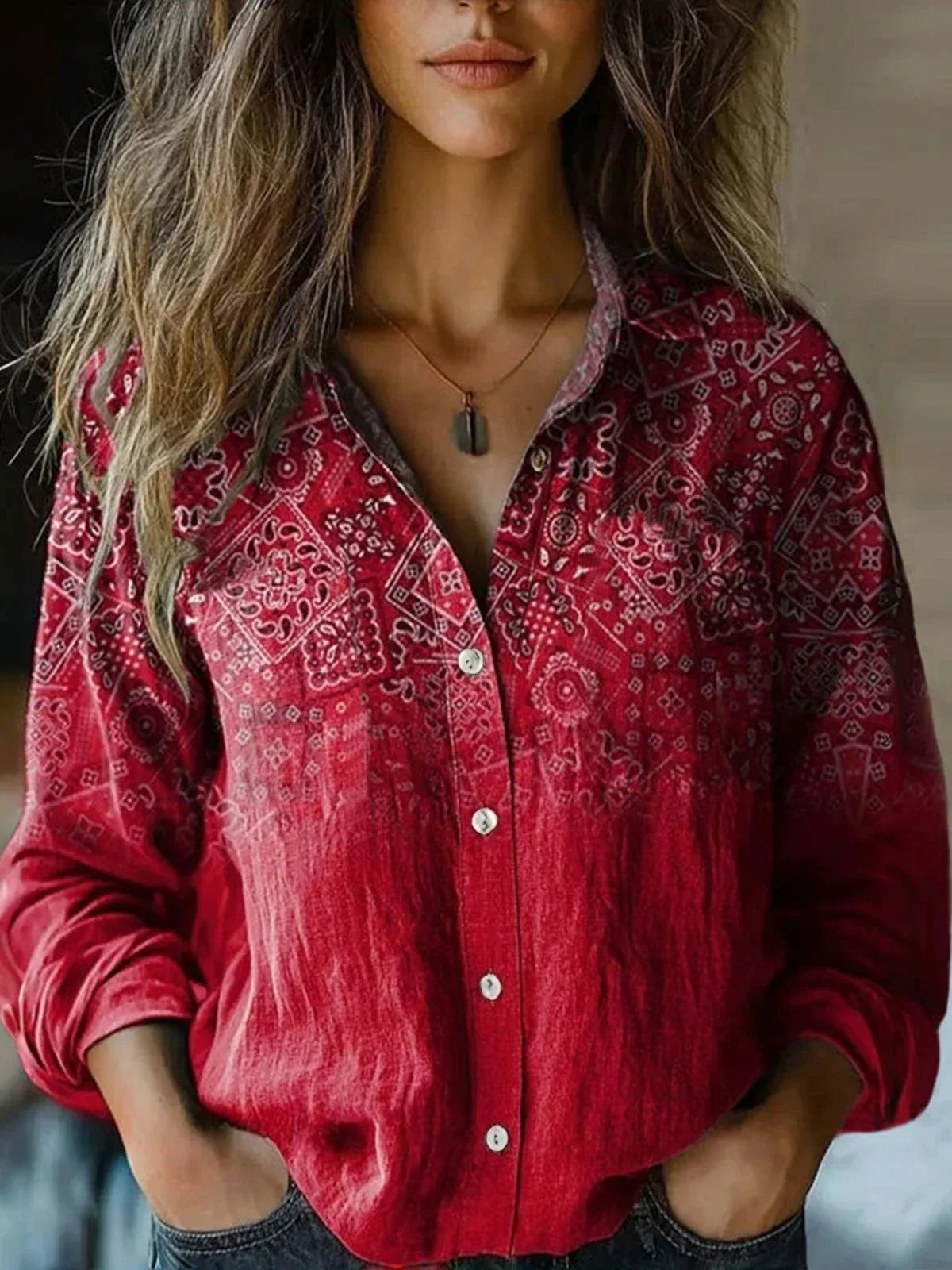 Beverly | Women's Retro Floral Print Long Sleeve Button-Down Shirt