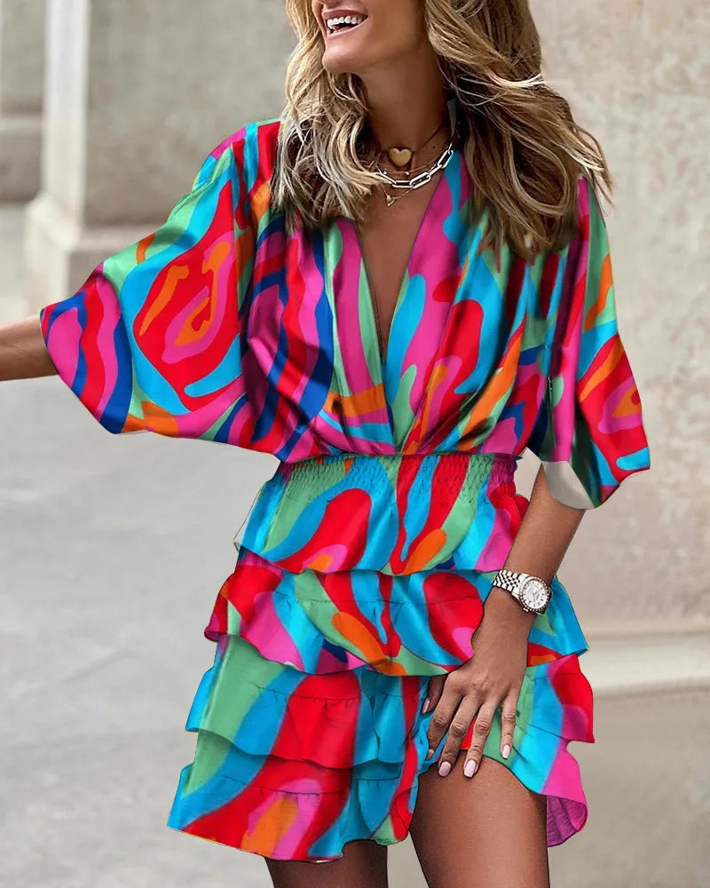 Taylor | Women's Printed Ruffle Short Dress V-Neck Smocked Waist Bohemian Dress