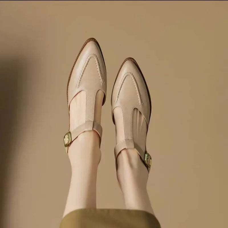 Stephanie | Women's T-Strap Buckle Shoes Pointed Toe Low Heel Flats