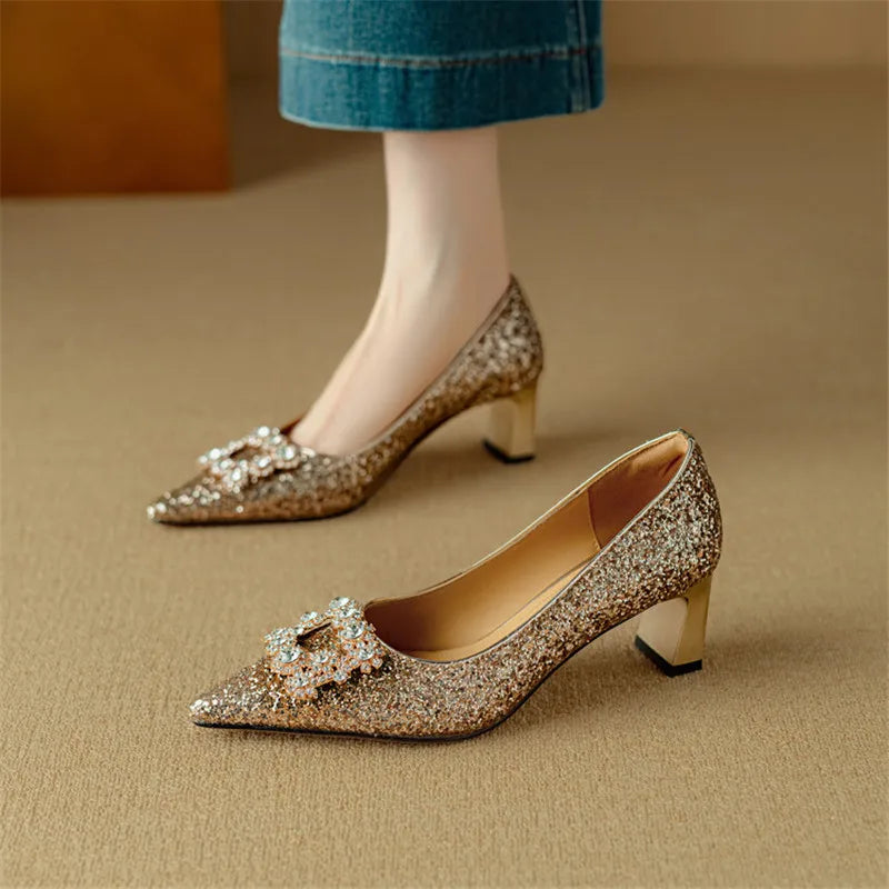 Carmen | Women's Glitter Block Heel Pumps Pointed Toe Crystal Buckle
