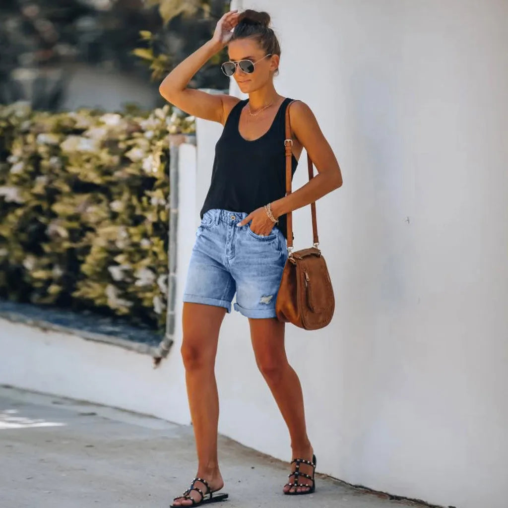 Veronica | Women's High Waist Denim Shorts Distressed Rolled Hem