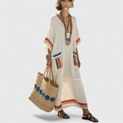 Luna | Women's V-Neck Striped Linen Maxi Dress with Pockets