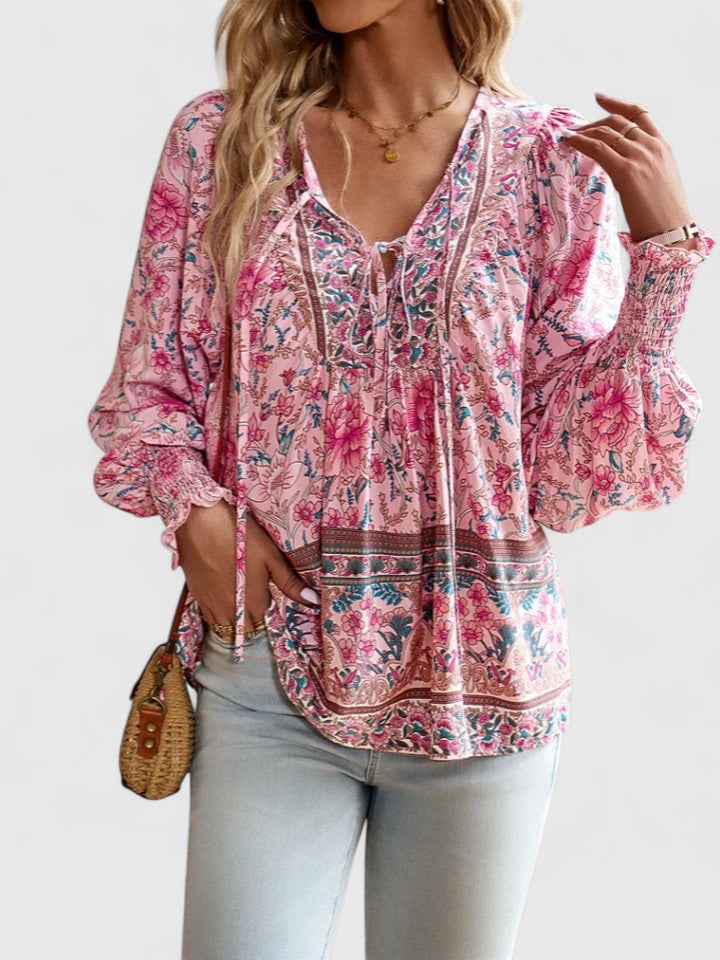 Gloria | Women's Botanical Boho Blouse V-Neck Puff Sleeve Top