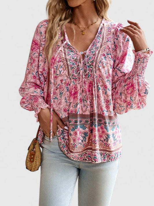 Gloria | Women's Botanical Boho Blouse V-Neck Puff Sleeve Top