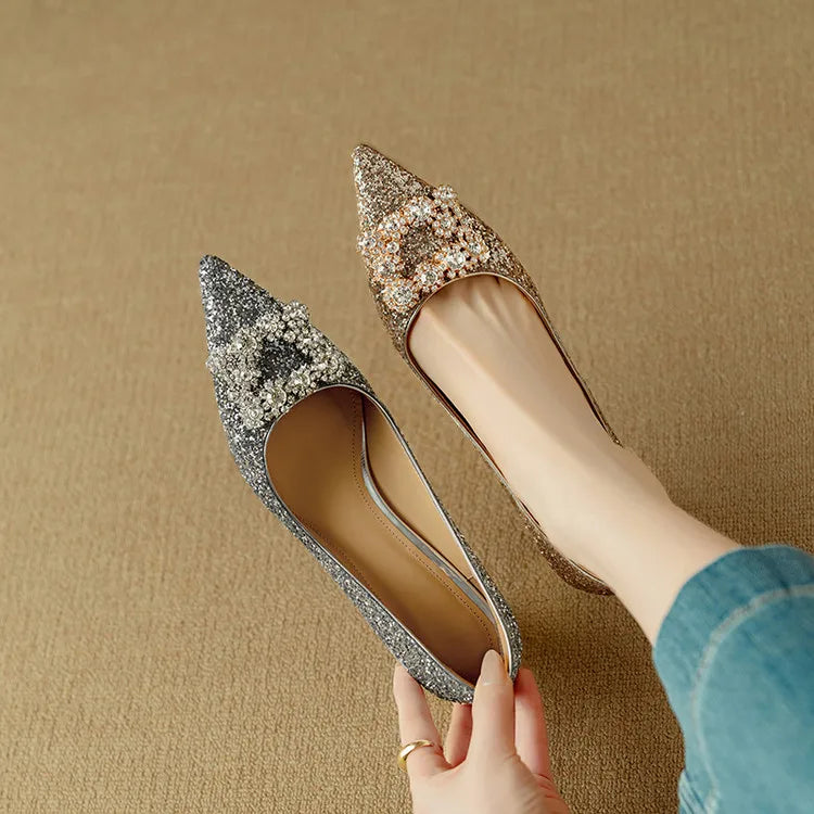 Carmen | Women's Glitter Block Heel Pumps Pointed Toe Crystal Buckle