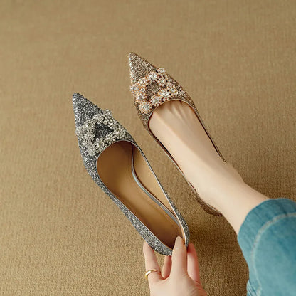 Carmen | Women's Glitter Block Heel Pumps Pointed Toe Crystal Buckle