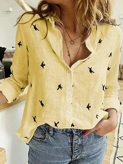 Brianna | Women's Button-Down Shirt Long Sleeve Bird Print Blouse