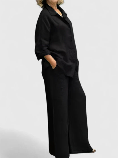 Pamela | Women's Button-Down Shirt Set Wide Leg Pants Two-Piece