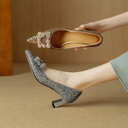 Carmen | Women's Glitter Block Heel Pumps Pointed Toe Crystal Buckle