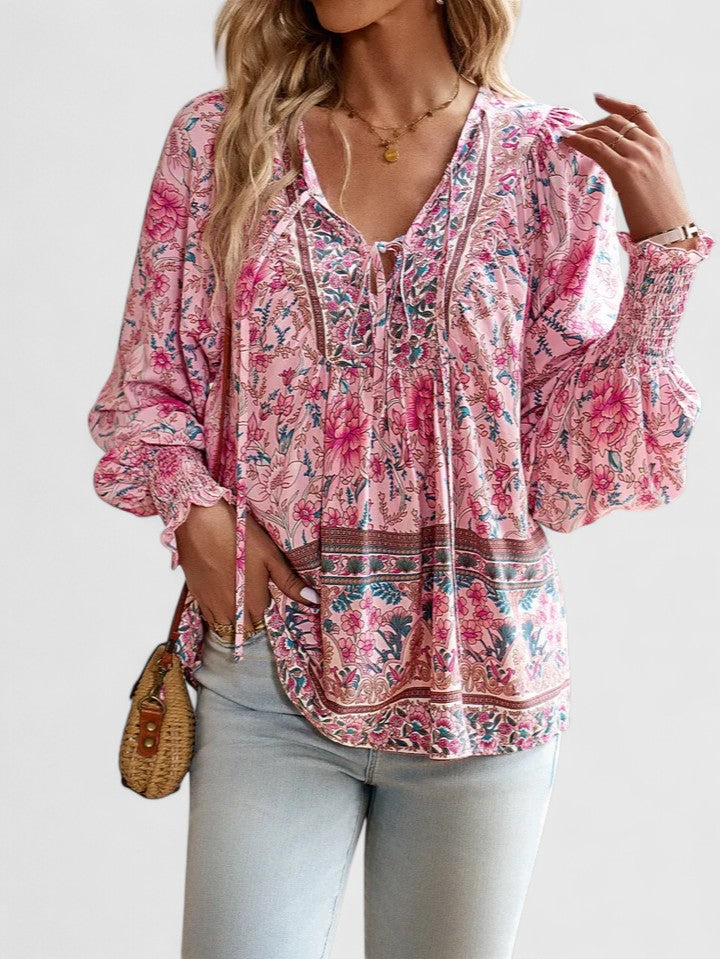 Gloria | Women's Botanical Boho Blouse V-Neck Puff Sleeve Top