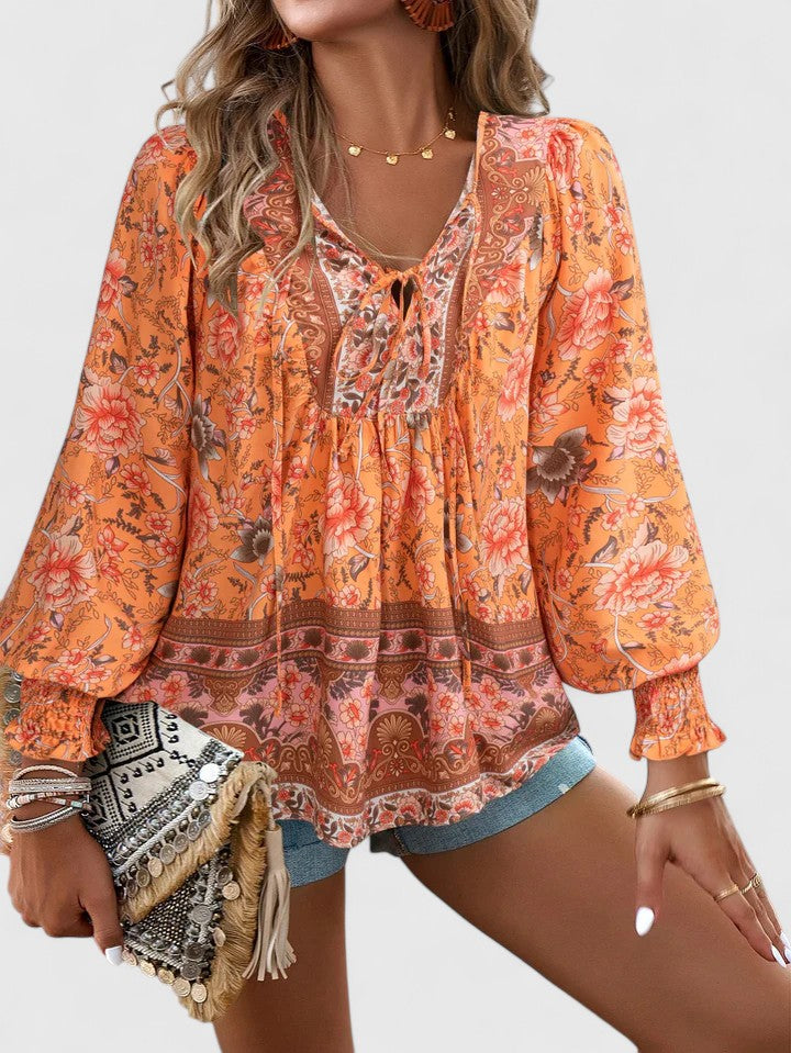 Gloria | Women's Botanical Boho Blouse V-Neck Puff Sleeve Top