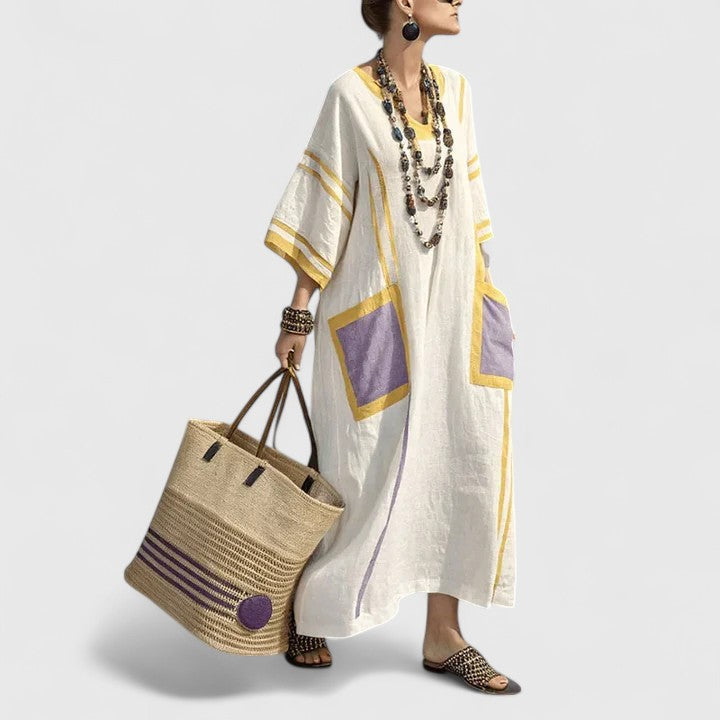 Luna | Women's V-Neck Striped Linen Maxi Dress with Pockets