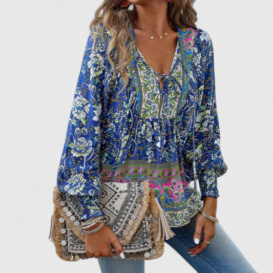 Gloria | Women's Botanical Boho Blouse V-Neck Puff Sleeve Top