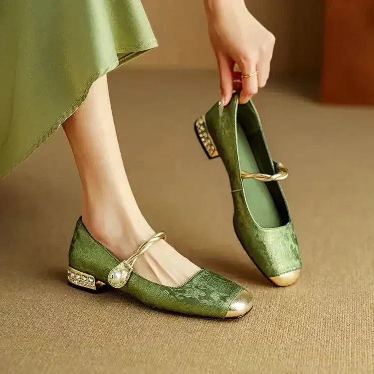 Alicia | Women's Pearl Strap Mary Jane Shoes Glitter Block Heel